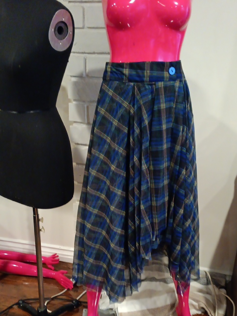 Asymmetrical Plaid Midi Skirt in Navy and Green
